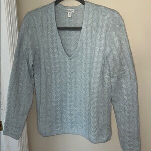 Garnet Hill Cashmere Light Blue Cable Knit V-Neck Sweater/Small